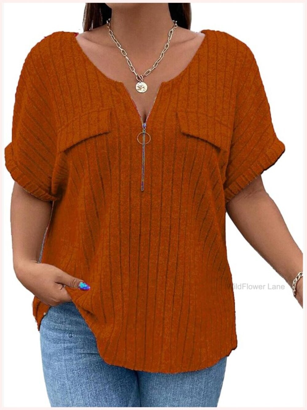 Plus Size Short Sleeve Zipper V Neck Tunic Tops Summer 2XL-5XL